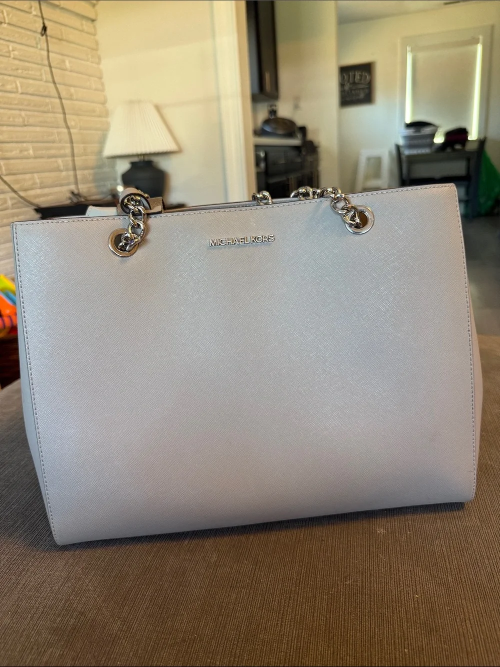 Michael Kors Chain-Handle Saffiano Tote in Light Gray